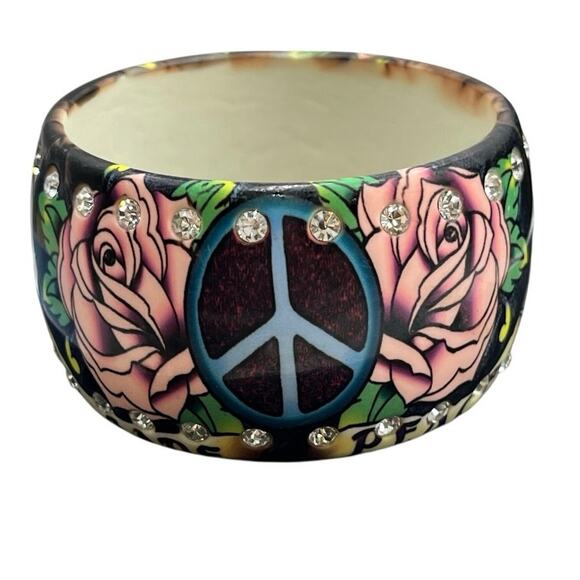 Ed Hardy Vintage Pink Roses Love Peace Tattoo Rhinestone Lucite Bangle Bracelet - Picture 1 of 9